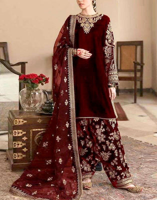 Luxury Embroidered Maroon Velvet Wedding Dress 2024 (DZ16795)