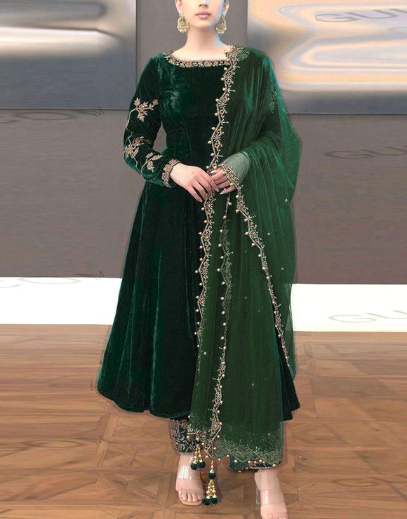 Decent Embroidered Bottle Green Velvet Dress with Organza Dupatta (DZ17639)