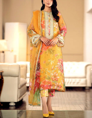 Designer All-Over Print Embroidered Lawn Dress with Chiffon Dupatta (DZ17903)