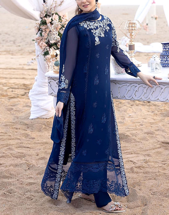 Elegant Embroidered Navy Blue Chiffon Party Wear Dress (DZ16514)