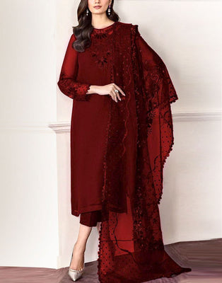 Fancy Embroidered Chiffon Party Wear Dress with Silk Trouser (DZ17634)