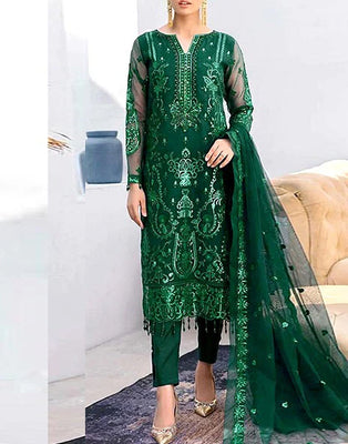 Handwork Heavy Embroidered Green Organza Wedding Dress 2024 (DZ15505)