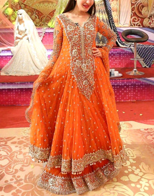 Vibrant Embroidered Chiffon Orange Maxi Dress (DZ10329)