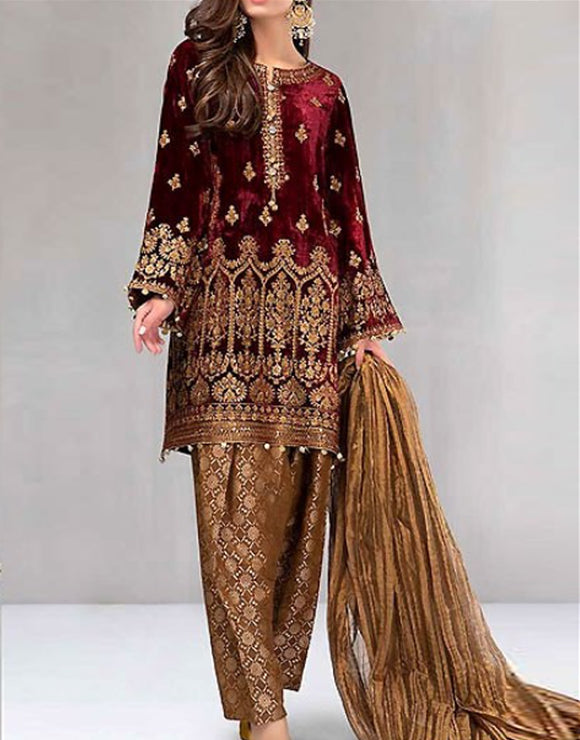 Heavy Embroidered Velvet Dress with Jamawar Trouser (DZ11538)