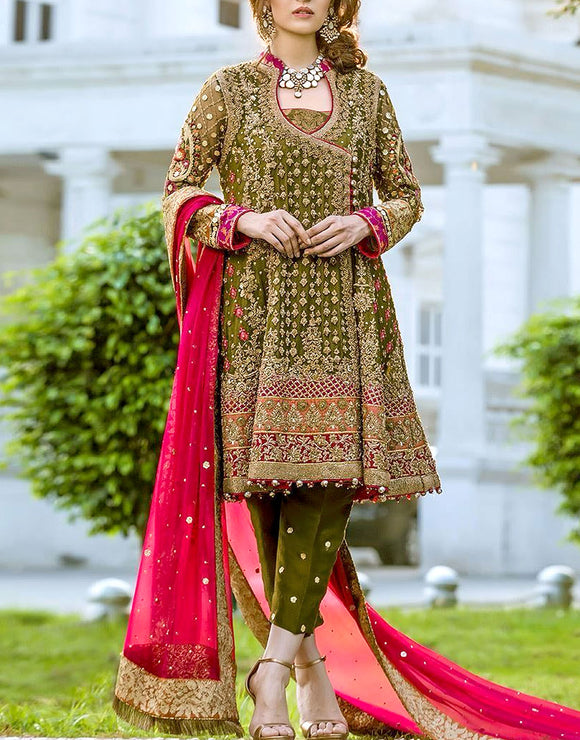 Heavy Embroidered Chiffon Bridal Dress with Embroidered Silk Trouser (DZ12501)
