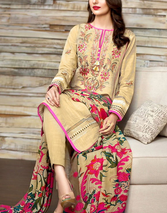 Heavy Front Panel Embroidered Khaddar Dress with Shawl Dupatta (DZ12521)