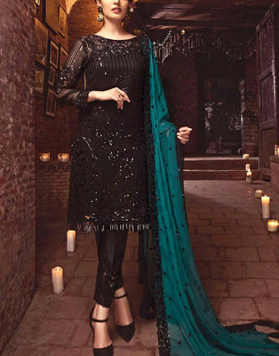 Elegant Sequins Embroidered Black Chiffon Dress (DZ12591)