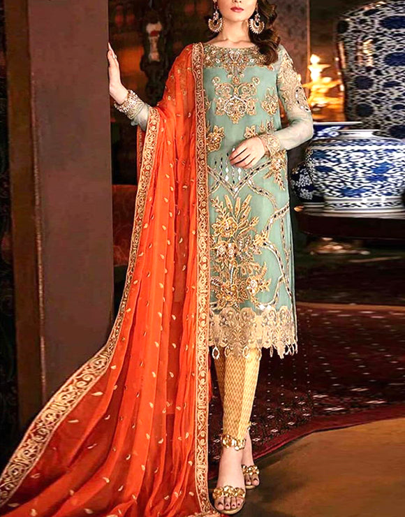 Mirror Work Embroidery Chiffon Wedding Dress with 4-Side Embroidered Dupatta (DZ12768)