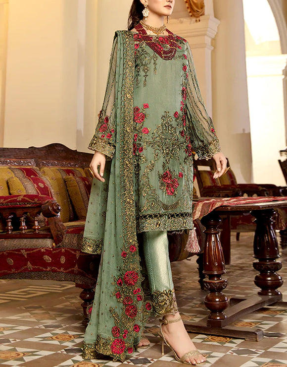 3D & Handwork Embroidered Chiffon Party Wear Dress 2024 (DZ14367)