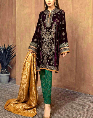 Heavy Embroidered Velvet Party Wear Dress with Jamawar Trouser (DZ14495)