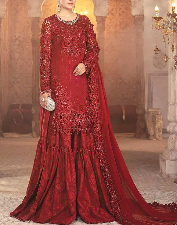 Cutwork Heavy Embroidered Red Chiffon Wedding Dress (DZ14512)