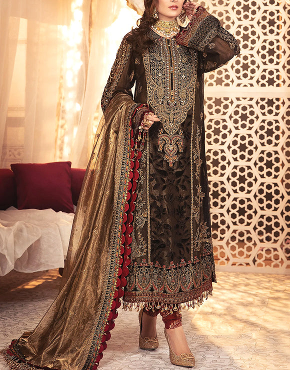 Handwork Heavy Embroidered Net Wedding Dress with Net Dupatta (DZ14562)