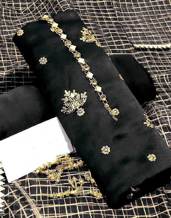 Embroidered Black Shamoz Silk Party Wear Dress with Shamoz Silk Trouser (DZ14633)