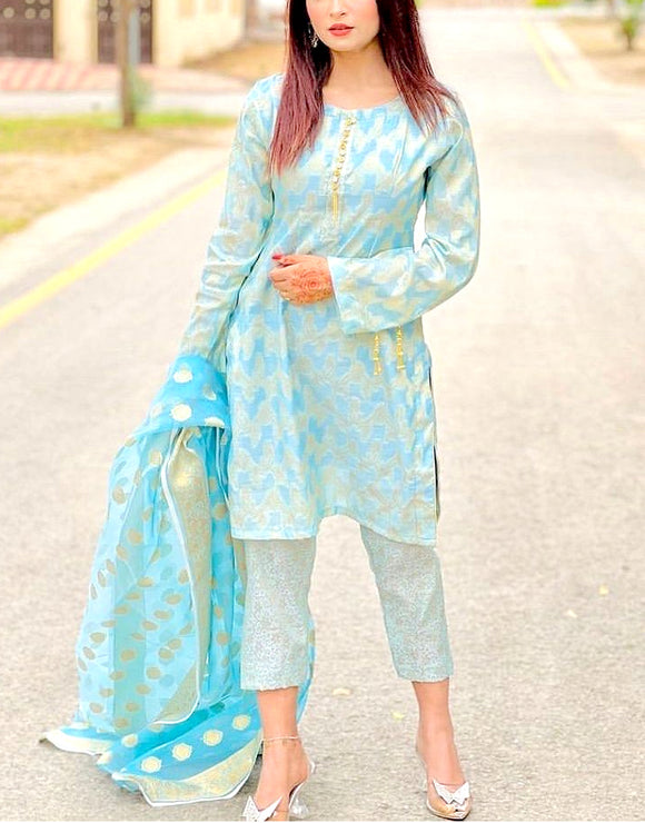 Banarsi Style Cotton Jacquard Dress with Cotton Jacquard Dupatta (DZ14643)