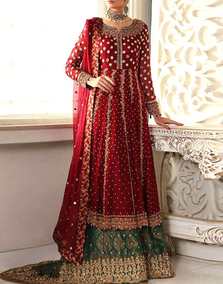 Mirror & Handwork Embroidered Chiffon Bridal Dress 2024 (DZ15143)