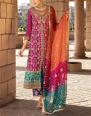 Heavy Embroidered Chiffon Party Wear Dress with Embroidered Silk Trouser (DZ15207)