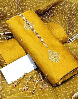 Banarsi Style Embroidered Raw Silk Dress with Organza Check Design Dupatta (DZ15248)