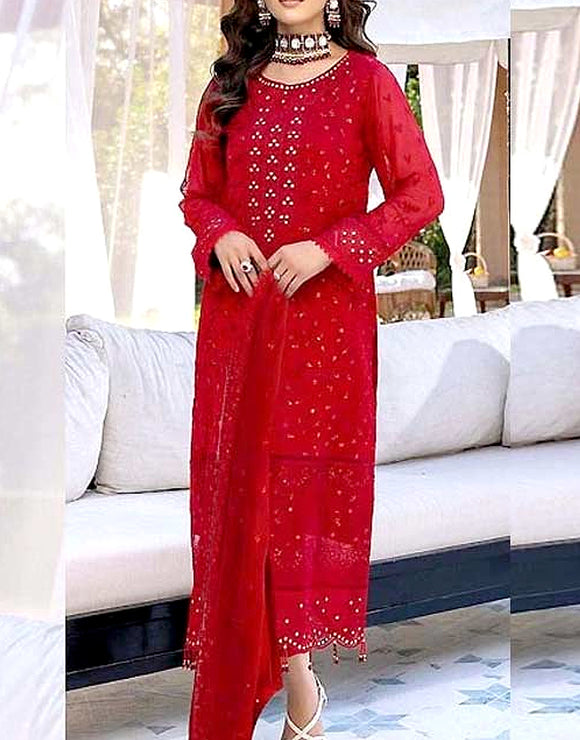 Embroidered Red Chiffon Party Wear Dress 2024 (DZ15301)