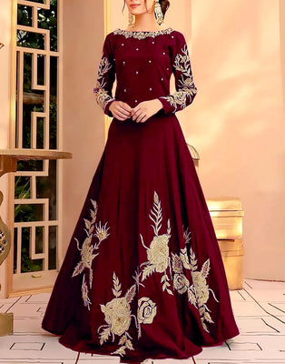 Readymade Embroidered Maroon Shamoz Silk Maxi DZ15322 DressyZone