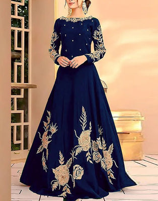 Readymade Embroidered Navy Blue Shamoz Silk Maxi (DZ15323)