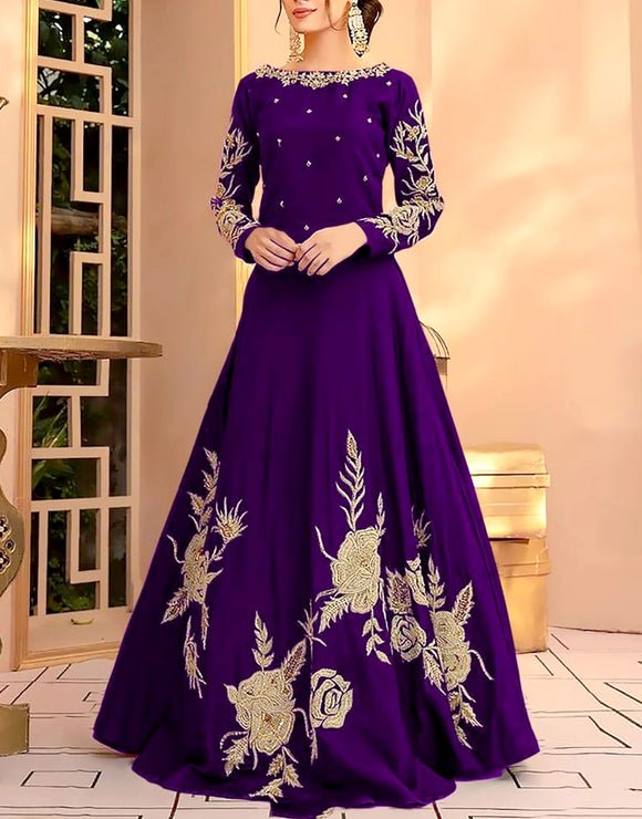 Readymade Embroidered Purple Shamoz Silk Maxi (DZ15334)