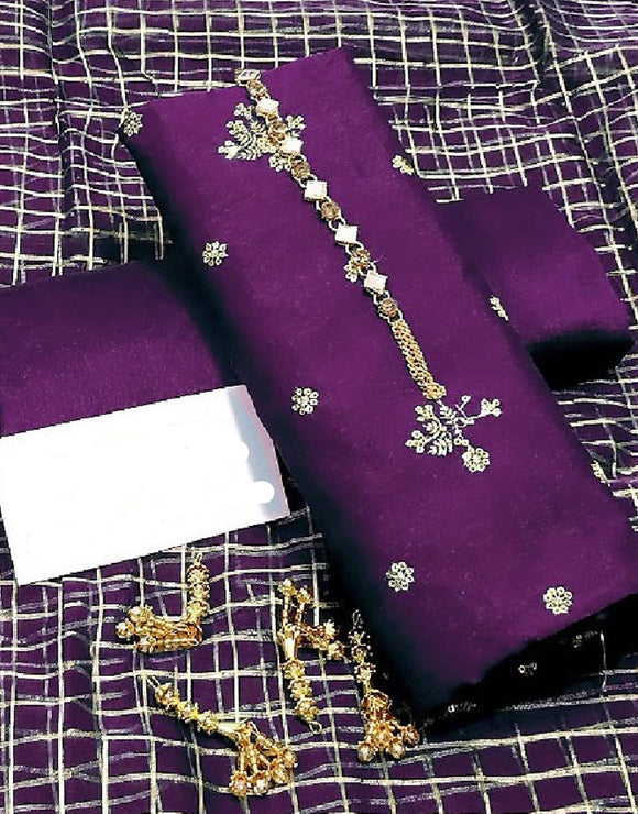 Banarsi Style Embroidered Raw Silk Dress with Organza Check Design Dupatta (DZ15386)