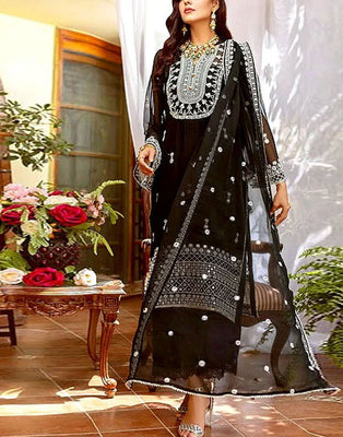 Embroidered Black Chiffon Party Wear Dress 2024 (DZ15393)