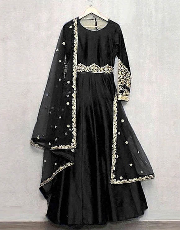 Readymade 3-Piece Embroidered Silk Maxi Dress with Embroidered Chiffon Dupatta (DZ15399)