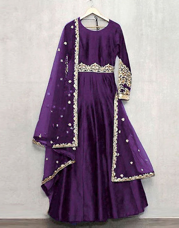 Readymade 3-Piece Embroidered Silk Maxi Dress with Embroidered Chiffon Dupatta (DZ15400)