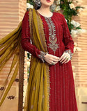 Heavy Embroidered Maroon Chiffon Party Dress 2024 (DZ15405)