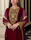 Elegant Embroidered Maroon Chiffon Party Dress 2024 (DZ15500)