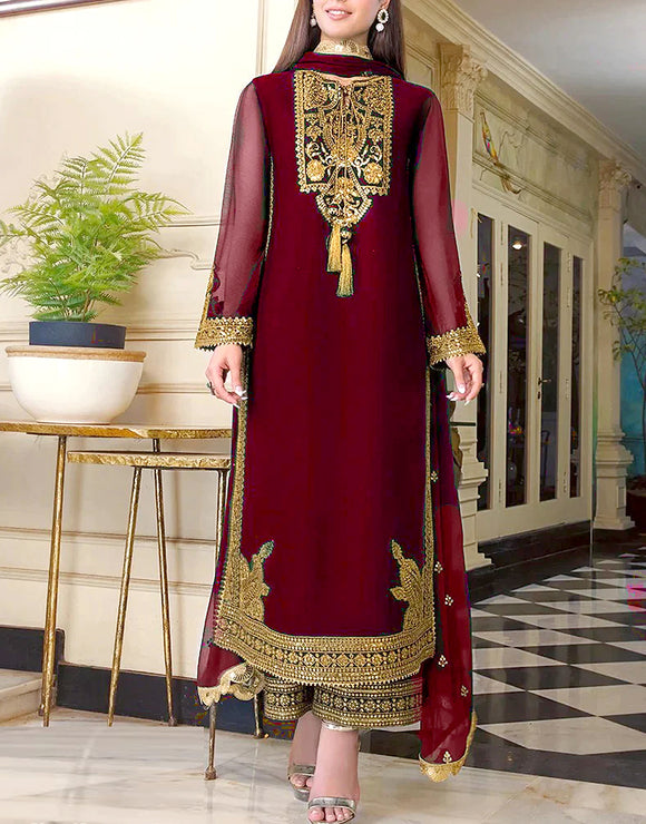 Elegant Embroidered Maroon Chiffon Party Dress (DZ15500)