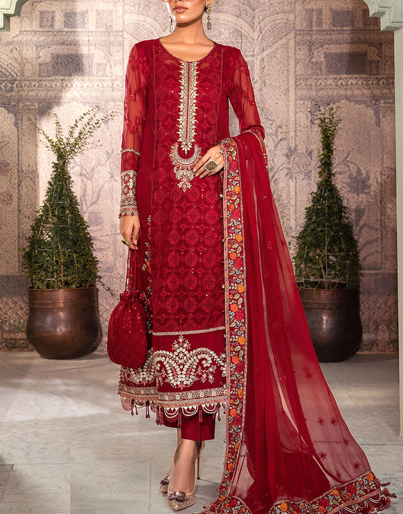 Luxury Heavy Embroidered Red Chiffon Wedding Dress 2024 (DZ15506)