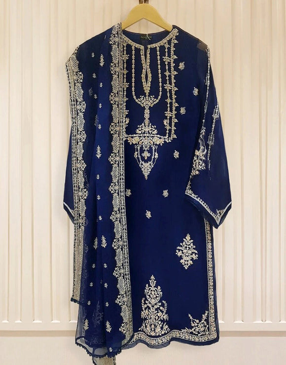 Handwork Heavy Embroidered Navy Blue Chiffon Wedding Dress 2024 (DZ15514)