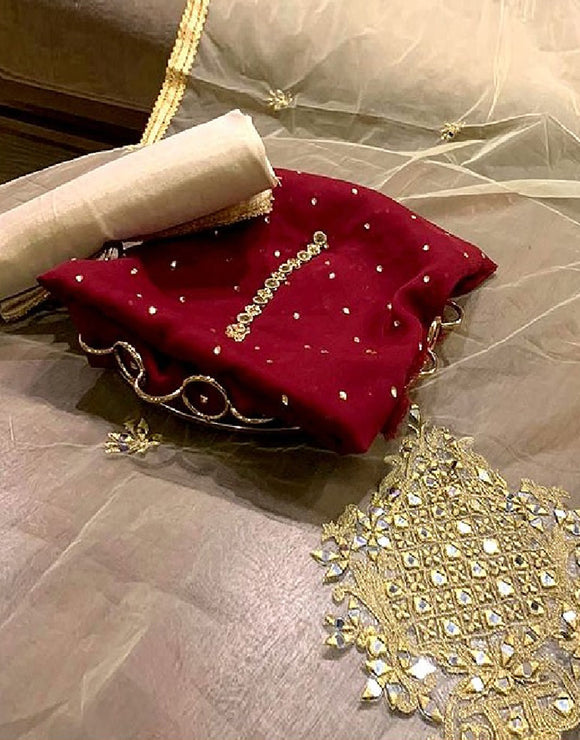 Chiffon Party Wear Dress with Mirror Work Net Dupatta (DZ15543)
