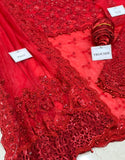 Luxury 3D Handwork Embroidered Red NET Saree 2024 (DZ15546)