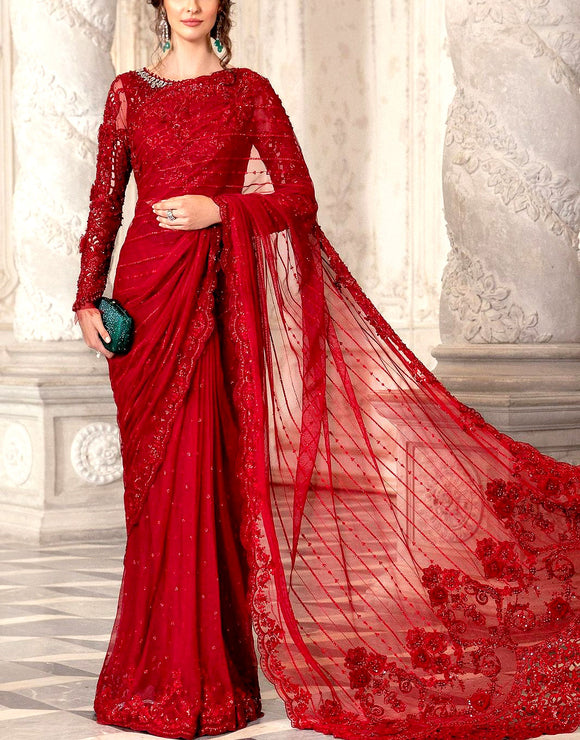 Luxury 3D Handwork Embroidered Red NET Saree (DZ15546)