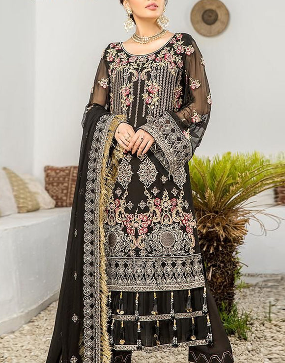 Heavy Embroidered Black Chiffon Wedding Dress 2024 (DZ15549)