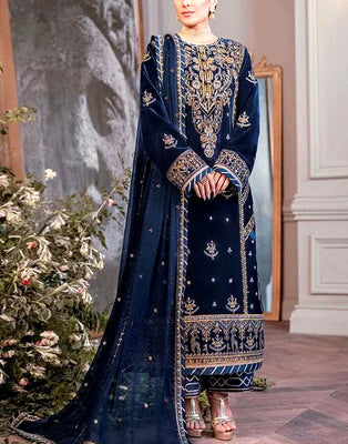 Embroidered Navy Blue Velvet Wedding Dress 2024 (DZ15576)