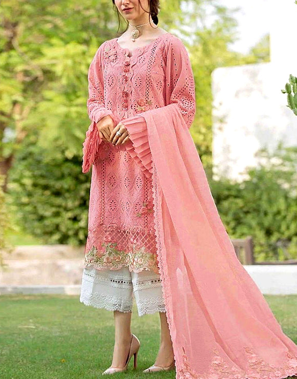 Luxury Schiffli Embroidered Lawn Dress with Embroidered Chiffon Dupatta (DZ15822)