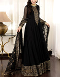 Embroidered Black Chiffon Maxi Dress with Embroidered Net Dupatta (DZ16358)