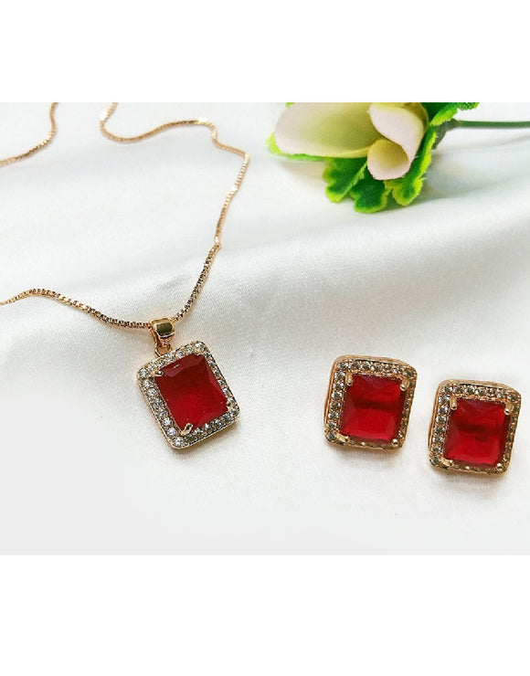 Square Shape Red Faux Ruby Pendant Necklace Set (DZ16360)