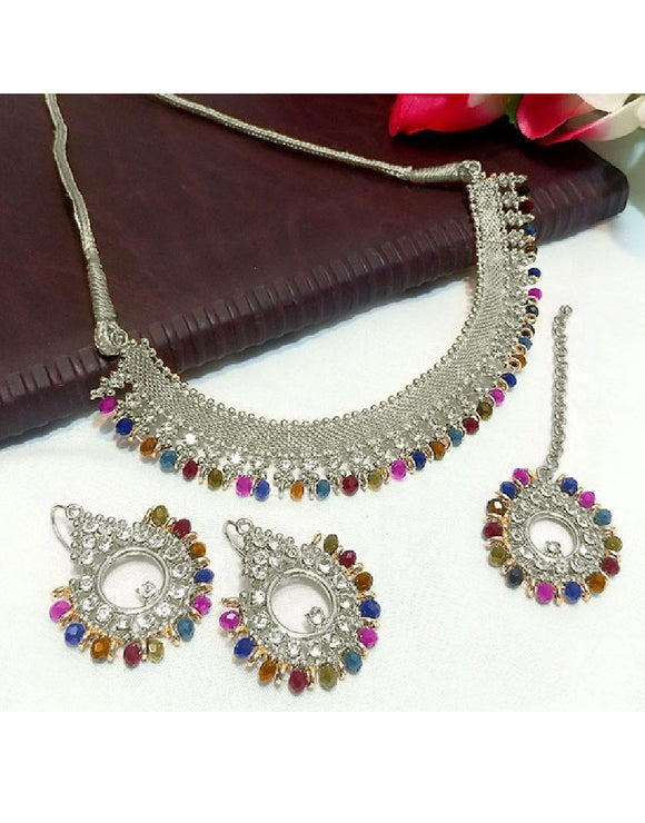 Multicolor Stones Silver Jewelry Set with Earrings & Tikka (DZ16401)