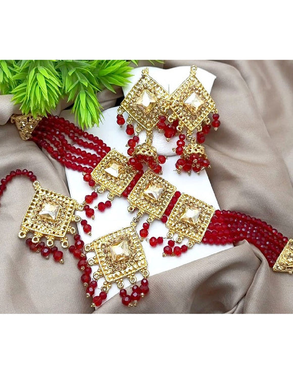 Stylish Red Stones Choker Set with Earrings & Teeka (DZ16497)