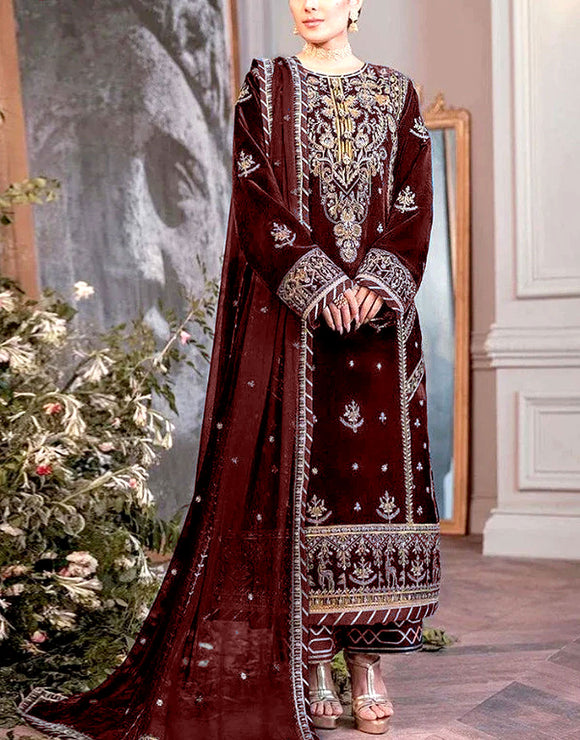 Luxury Embroidered Maroon Velvet Wedding Dress (DZ16539)