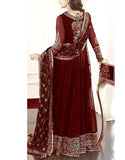 Embroidered Maroon Chiffon Maxi Dress with Embroidered Net Dupatta (DZ16606)