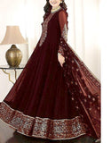 Embroidered Maroon Chiffon Maxi Dress with Embroidered Net Dupatta (DZ16606)