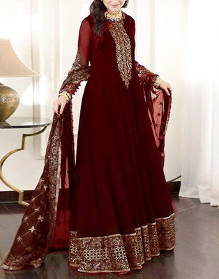 Embroidered Maroon Chiffon Maxi Dress with Embroidered Net Dupatta (DZ16606)