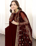 Embroidered Maroon Chiffon Maxi Dress with Embroidered Net Dupatta (DZ16606)