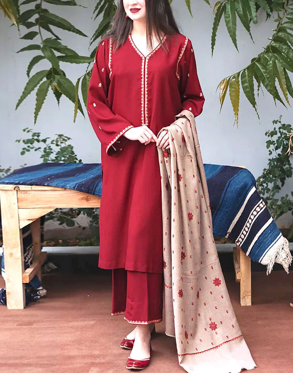 Decent Embroidered Dhanak Dress with Dhanak Shawl Dupatta (DZ16621)